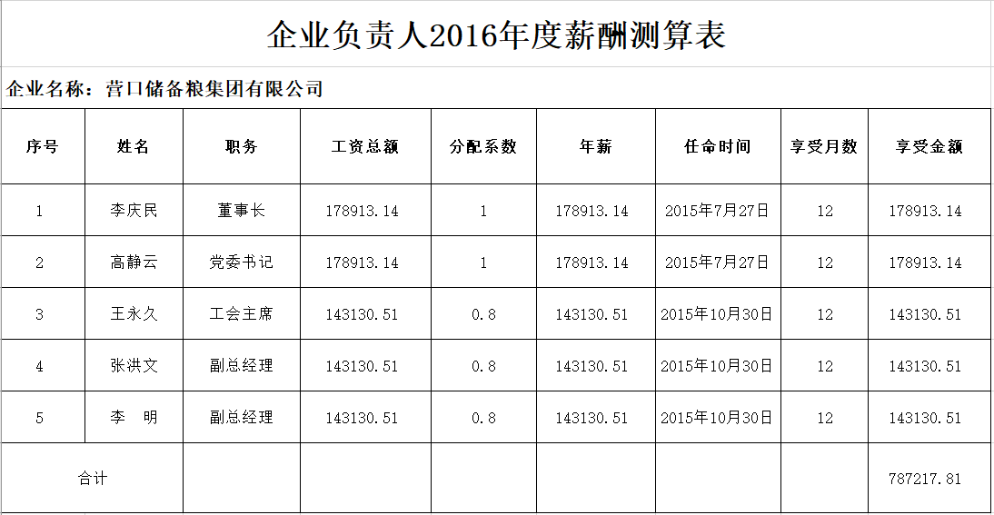 企业负责人2016年度薪酬测算表